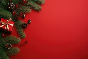 Christmas background with fir branches, cones and gift box on red background Ai generated photo