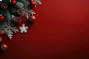 Christmas background with fir branches, cones and gift box on red background Ai generated photo