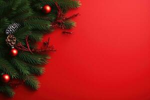 Christmas background with fir branches, cones and gift box on red background Ai generated photo