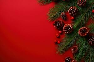 Christmas background with fir branches, cones and gift box on red background Ai generated photo