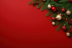 Christmas background with fir branches, cones and gift box on red background Ai generated photo