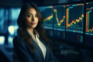 Portrait of businesswoman looking at camera while standing in front of computer monitor with stock market chart Ai generated photo