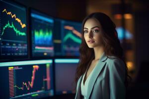 Portrait of businesswoman looking at camera while standing in front of computer monitor with stock market chart Ai generated photo