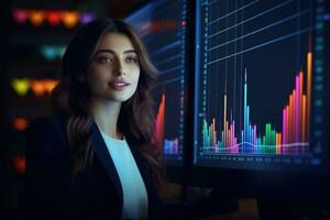 Portrait of businesswoman looking at camera while standing in front of computer monitor with stock market chart Ai generated photo