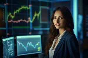Portrait of businesswoman looking at camera while standing in front of computer monitor with stock market chart Ai generated photo