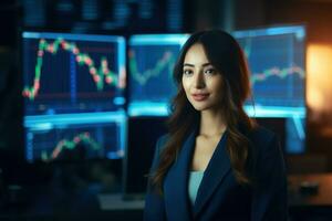 Portrait of businesswoman looking at camera while standing in front of computer monitor with stock market chart Ai generated photo