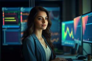 Portrait of businesswoman looking at camera while standing in front of computer monitor with stock market chart Ai generated photo