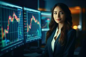 Portrait of businesswoman looking at camera while standing in front of computer monitor with stock market chart Ai generated photo