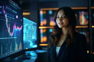 Portrait of businesswoman looking at camera while standing in front of computer monitor with stock market chart Ai generated photo