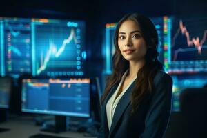 retrato de mujer de negocios mirando a cámara mientras en pie en frente de computadora monitor con valores mercado gráfico ai generado foto