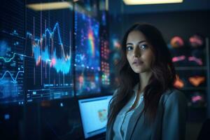 Portrait of businesswoman looking at camera while standing in front of computer monitor with stock market chart Ai generated photo