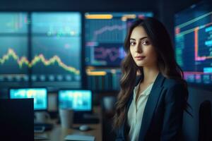 Portrait of businesswoman looking at camera while standing in front of computer monitor with stock market chart Ai generated photo