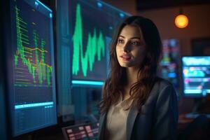 Portrait of businesswoman looking at camera while standing in front of computer monitor with stock market chart Ai generated photo