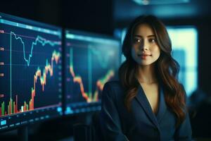 retrato de mujer de negocios mirando a cámara mientras en pie en frente de computadora monitor con valores mercado gráfico ai generado foto