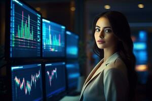 Portrait of businesswoman looking at camera while standing in front of computer monitor with stock market chart Ai generated photo