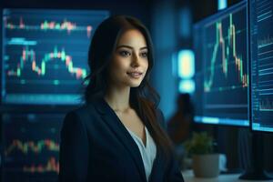 retrato de mujer de negocios mirando a cámara mientras en pie en frente de computadora monitor con valores mercado gráfico ai generado foto