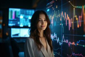 Portrait of businesswoman looking at camera while standing in front of computer monitor with stock market chart Ai generated photo