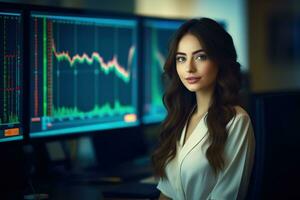 Portrait of businesswoman looking at camera while standing in front of computer monitor with stock market chart Ai generated photo