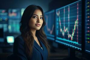 retrato de mujer de negocios mirando a cámara mientras en pie en frente de computadora monitor con valores mercado gráfico ai generado foto
