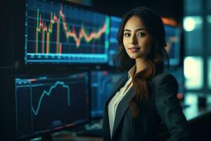 Portrait of businesswoman looking at camera while standing in front of computer monitor with stock market chart Ai generated photo