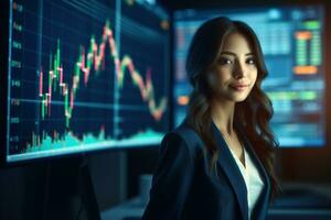 retrato de mujer de negocios mirando a cámara mientras en pie en frente de computadora monitor con valores mercado gráfico ai generado foto