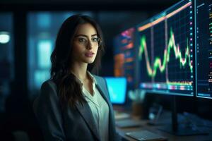 Portrait of businesswoman looking at camera while standing in front of computer monitor with stock market chart Ai generated photo