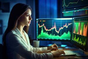 Attractive young businesswoman working on desktop computer with stock market chart on screen Ai generated photo