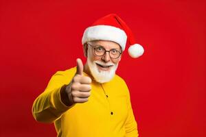 Portrait of Santa Claus showing thumbs up, isolated on red background Ai generated photo