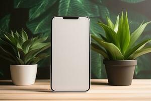 Smartphone mockup with blank screen and succulent plant on wooden table Ai generated photo