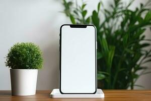 Smartphone mockup with blank screen and succulent plant on wooden table Ai generated photo