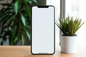 Smartphone mockup with blank screen and succulent plant on wooden table Ai generated photo