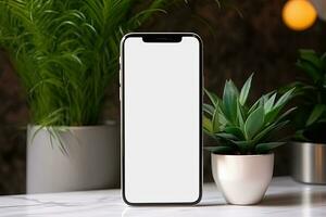 Smartphone mockup with blank screen and succulent plant on wooden table Ai generated photo