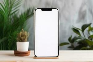 Smartphone mockup with blank screen and succulent plant on wooden table Ai generated photo