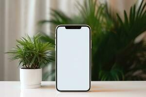 Smartphone mockup with blank screen and succulent plant on wooden table Ai generated photo