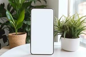 Smartphone mockup with blank screen and succulent plant on wooden table Ai generated photo