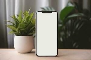 Smartphone mockup with blank screen and succulent plant on wooden table Ai generated photo