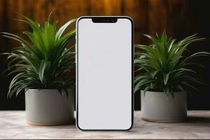 Smartphone mockup with blank screen and succulent plant on wooden table Ai generated photo