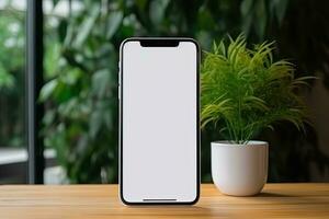 Smartphone mockup with blank screen and succulent plant on wooden table Ai generated photo