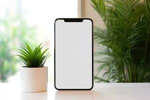 Smartphone mockup with blank screen and succulent plant on wooden table Ai generated photo