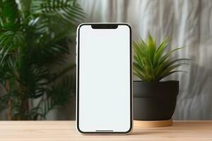 Smartphone mockup with blank screen and succulent plant on wooden table Ai generated photo