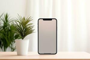 Smartphone mockup with blank screen and succulent plant on wooden table Ai generated photo