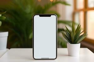 Smartphone mockup with blank screen and succulent plant on wooden table Ai generated photo