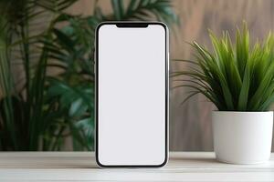 Smartphone mockup with blank screen and succulent plant on wooden table Ai generated photo