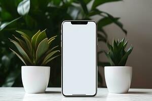 Smartphone mockup with blank screen and succulent plant on wooden table Ai generated photo