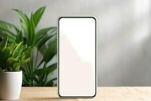 Smartphone mockup with blank screen and succulent plant on wooden table Ai generated photo