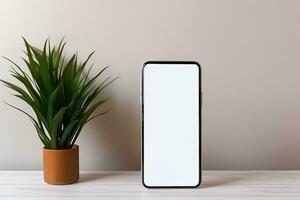 Smartphone mockup with blank screen and succulent plant on wooden table Ai generated photo