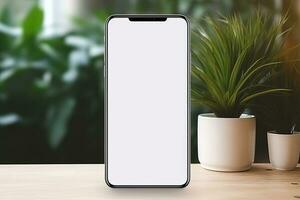 Smartphone mockup with blank screen and succulent plant on wooden table Ai generated photo