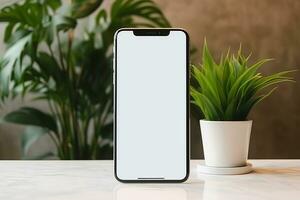 Smartphone mockup with blank screen and succulent plant on wooden table Ai generated photo