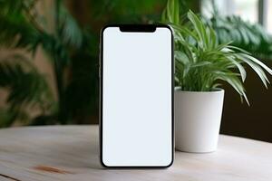 Smartphone mockup with blank screen and succulent plant on wooden table Ai generated photo