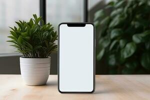 Smartphone mockup with blank screen and succulent plant on wooden table Ai generated photo